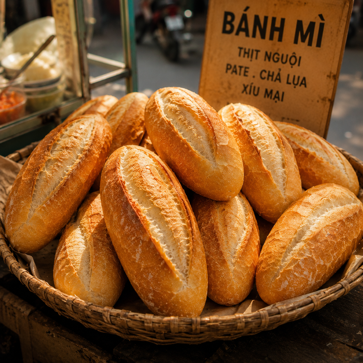 Freshly baked golden Vietnamese baguettes in a wicker basket